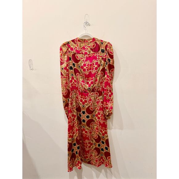 NWT Imperial Printed Silky Faux Wrap Midi Dress Burgundy/Yellow/Black Women's L - Picture 2 of 5